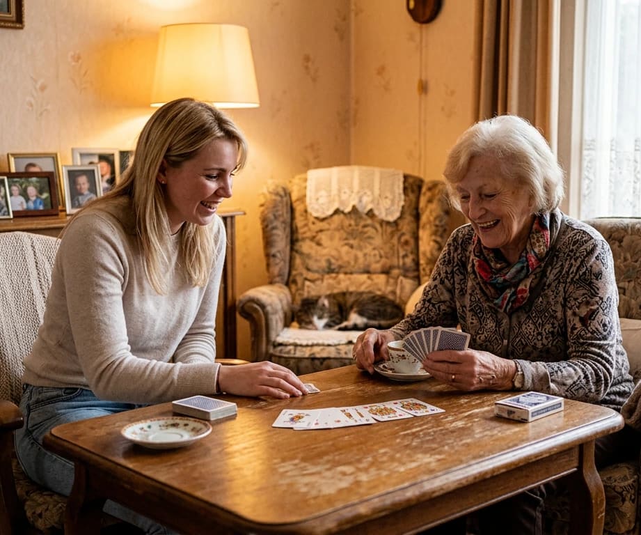 Helper en senior spelen samen een kaartspel aan tafel