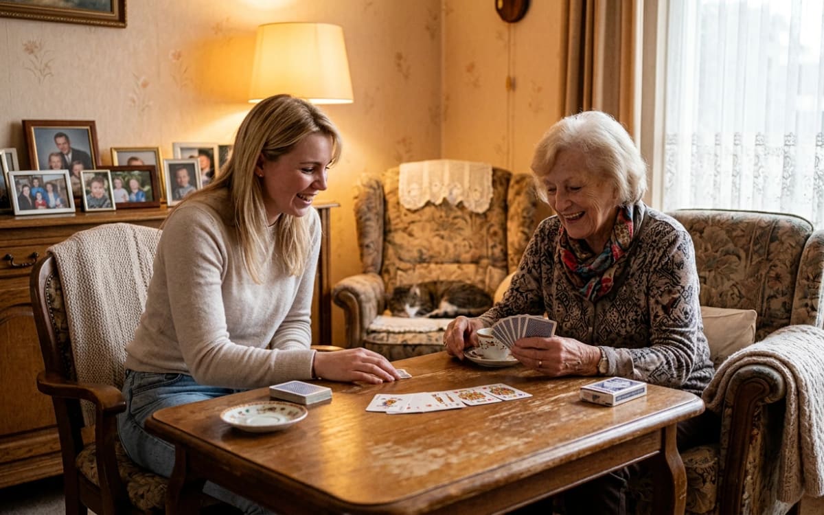 Senior en helper spelen kaarten: samen tegen eenzaamheid