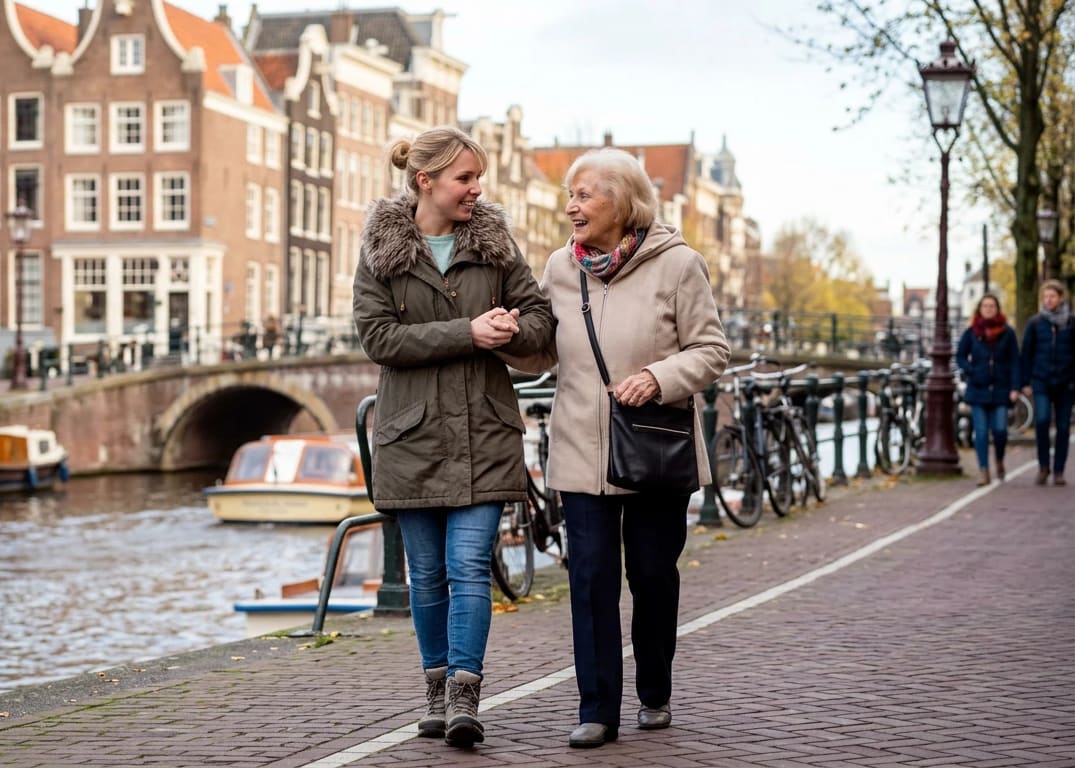 Wandeling langs de gracht in Amsterdam met een vaste helper