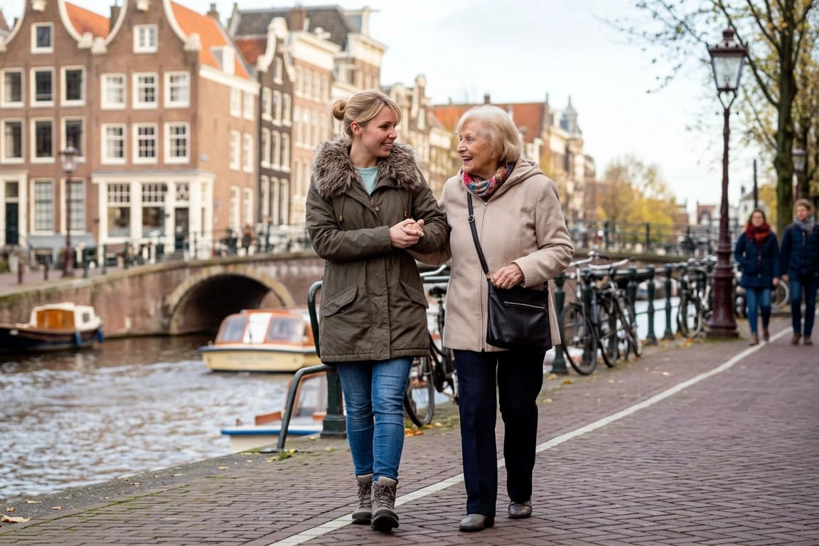Helper en senior wandelen arm in arm door de stad